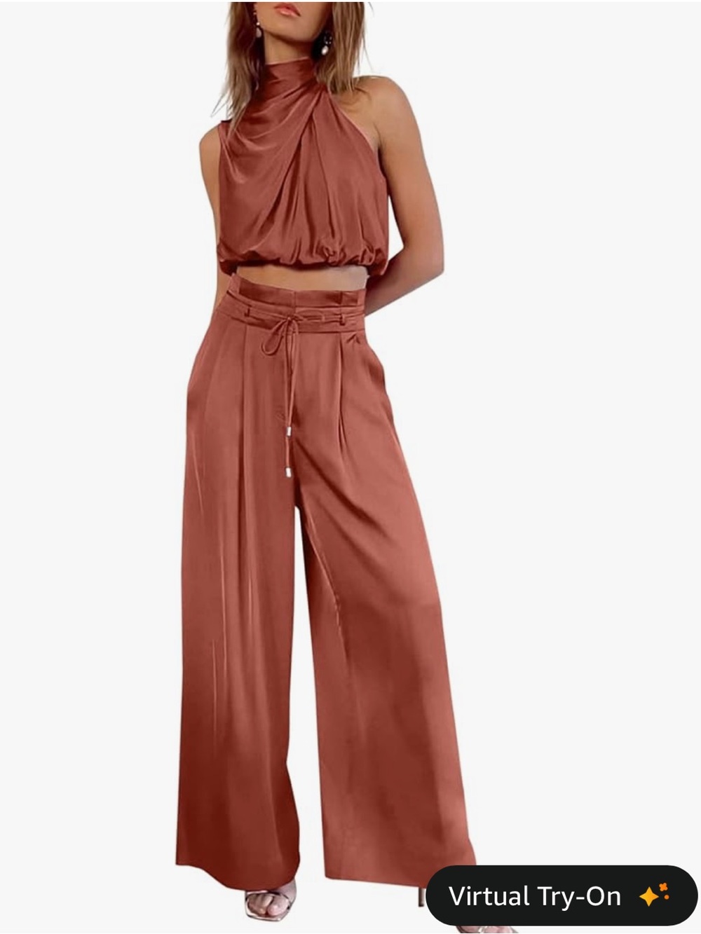 Women's Two Piece Set Mock Neck Crop Top with Wide Leg Pants